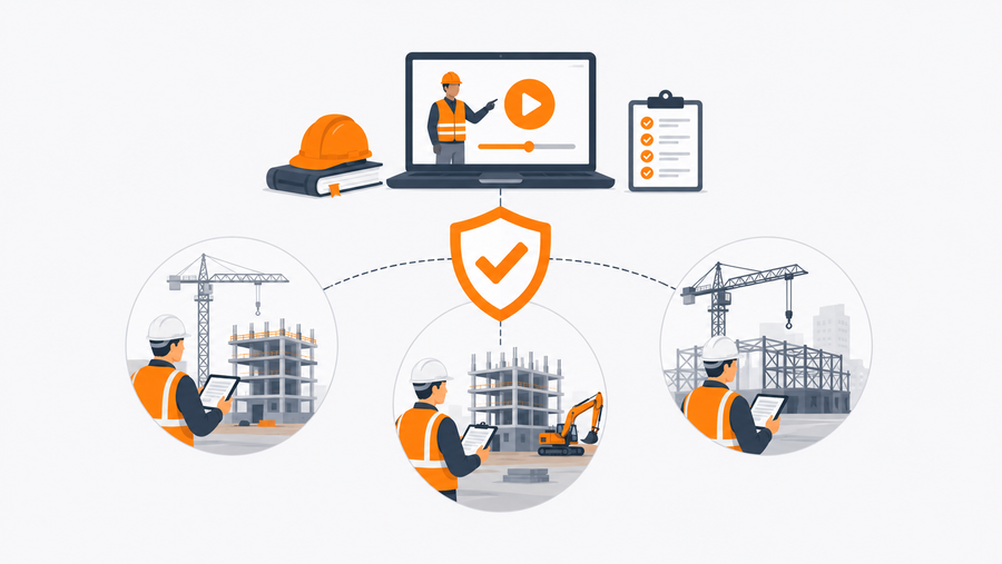 Construction director reviewing standardized compliance training course completion records across multiple job sites