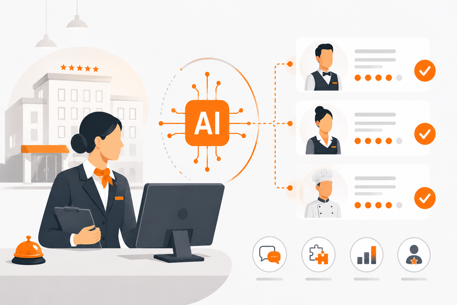 Alt text: "Hotel HR director using AI talent assessments to score front-desk, housekeeping, and food service candidates with rating checkmarks