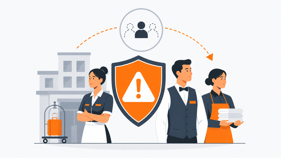 Hotel frontline staff including housekeeper, front desk associate, and food service worker representing hospitality compliance training requirements for high-turnover workforces