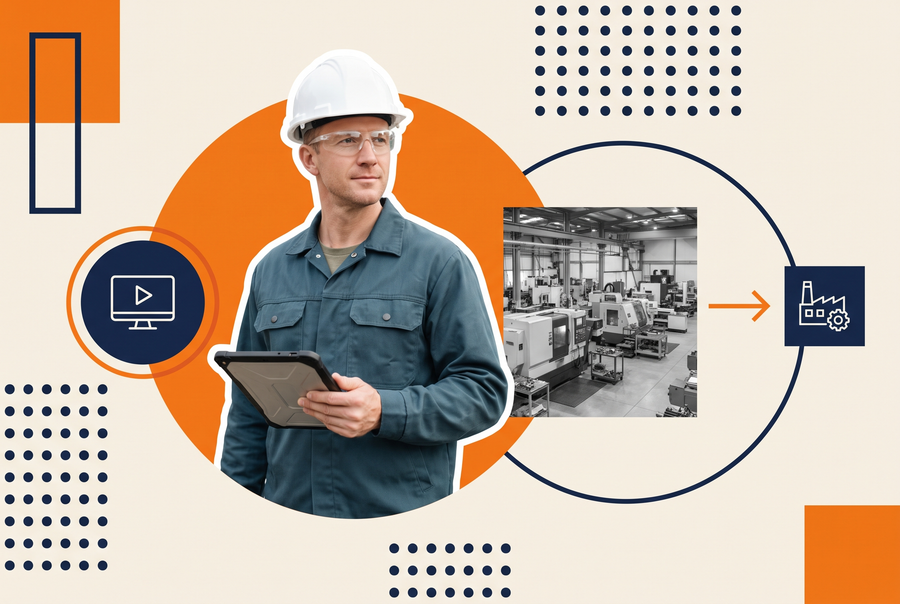 Manufacturing worker completing offline-capable frontline training on a mobile device on the shop floor