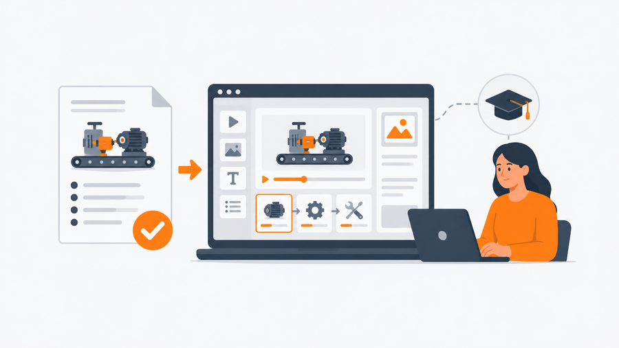 Maintenance coordinator using eLearning authoring tools to convert an equipment SOP into a structured training course