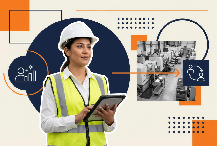 Manufacturing training manager reviewing an AI-generated skills matrix showing operator readiness gap scores for a role transition