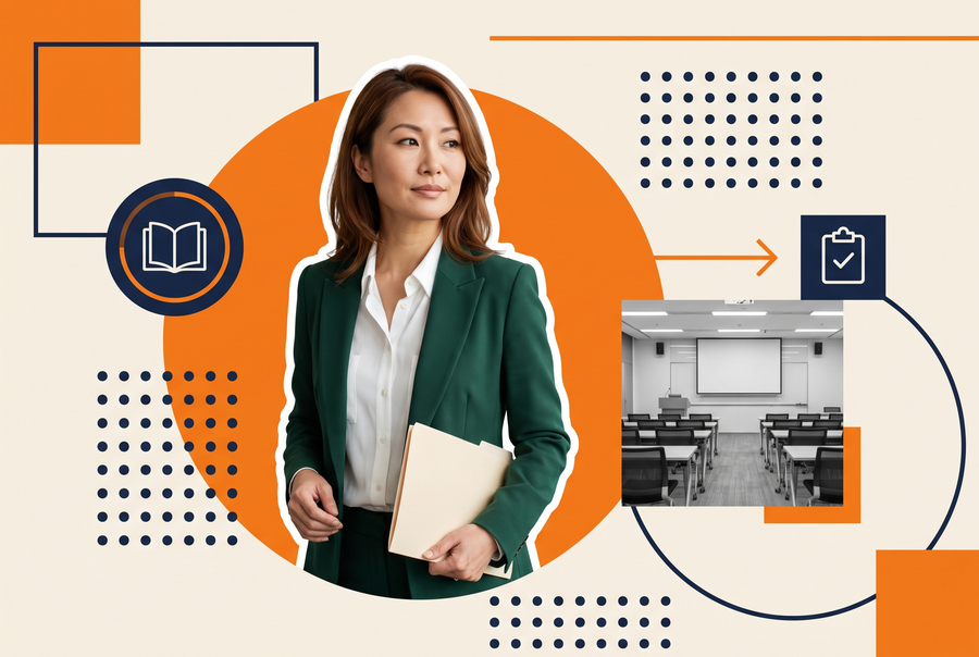 Government training manager reviewing a centrally maintained compliance training library covering ethics, ADA, and cybersecurity courses