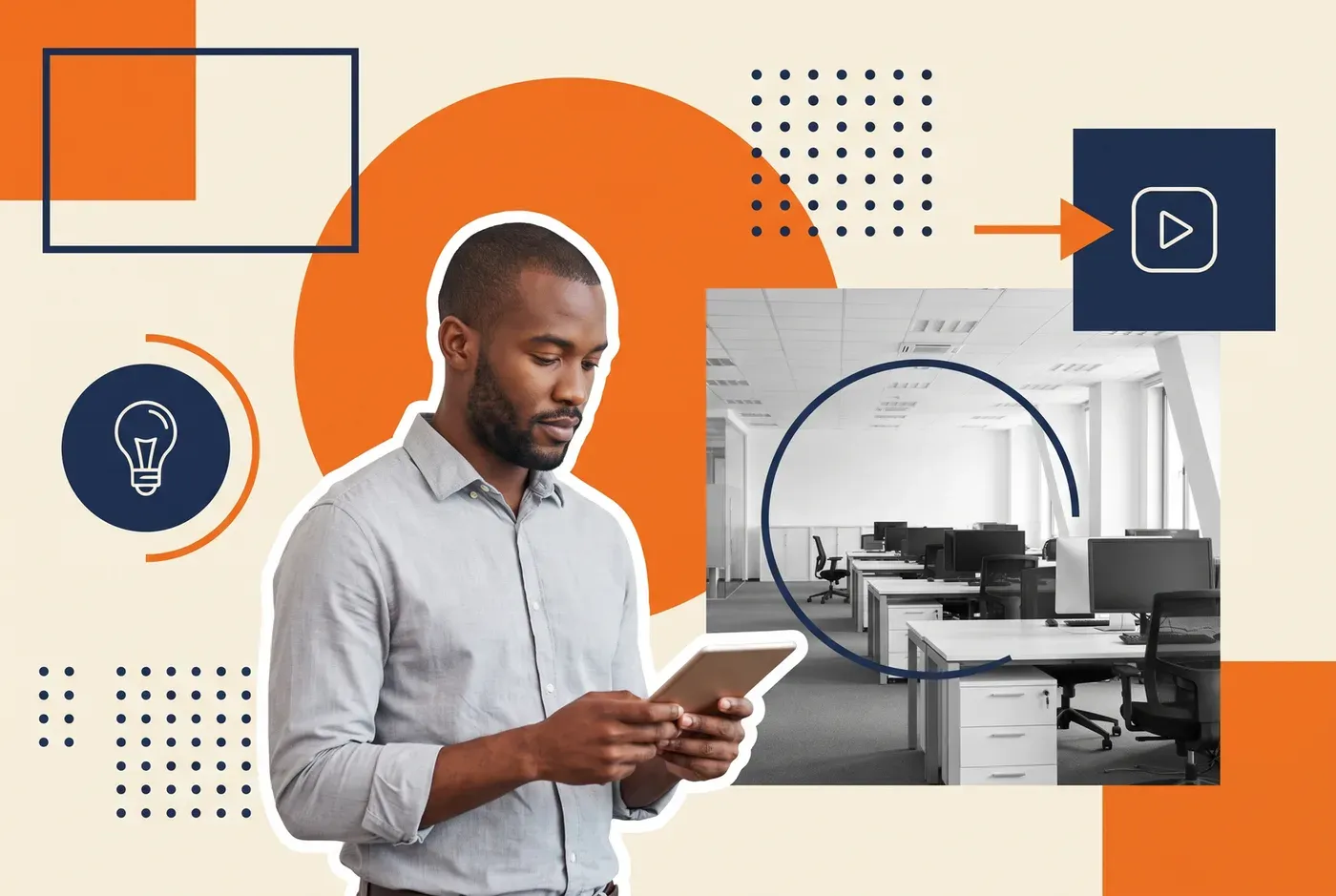 Learning and development manager reviewing a tablet in an open-plan office