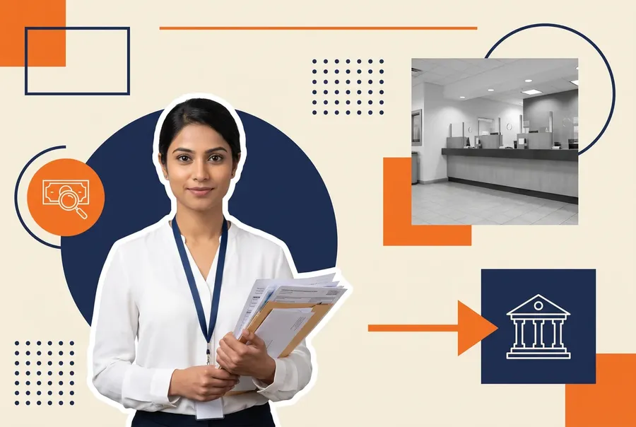 Bank branch teller holding customer documents, beside a grayscale photograph of a branch teller counter
