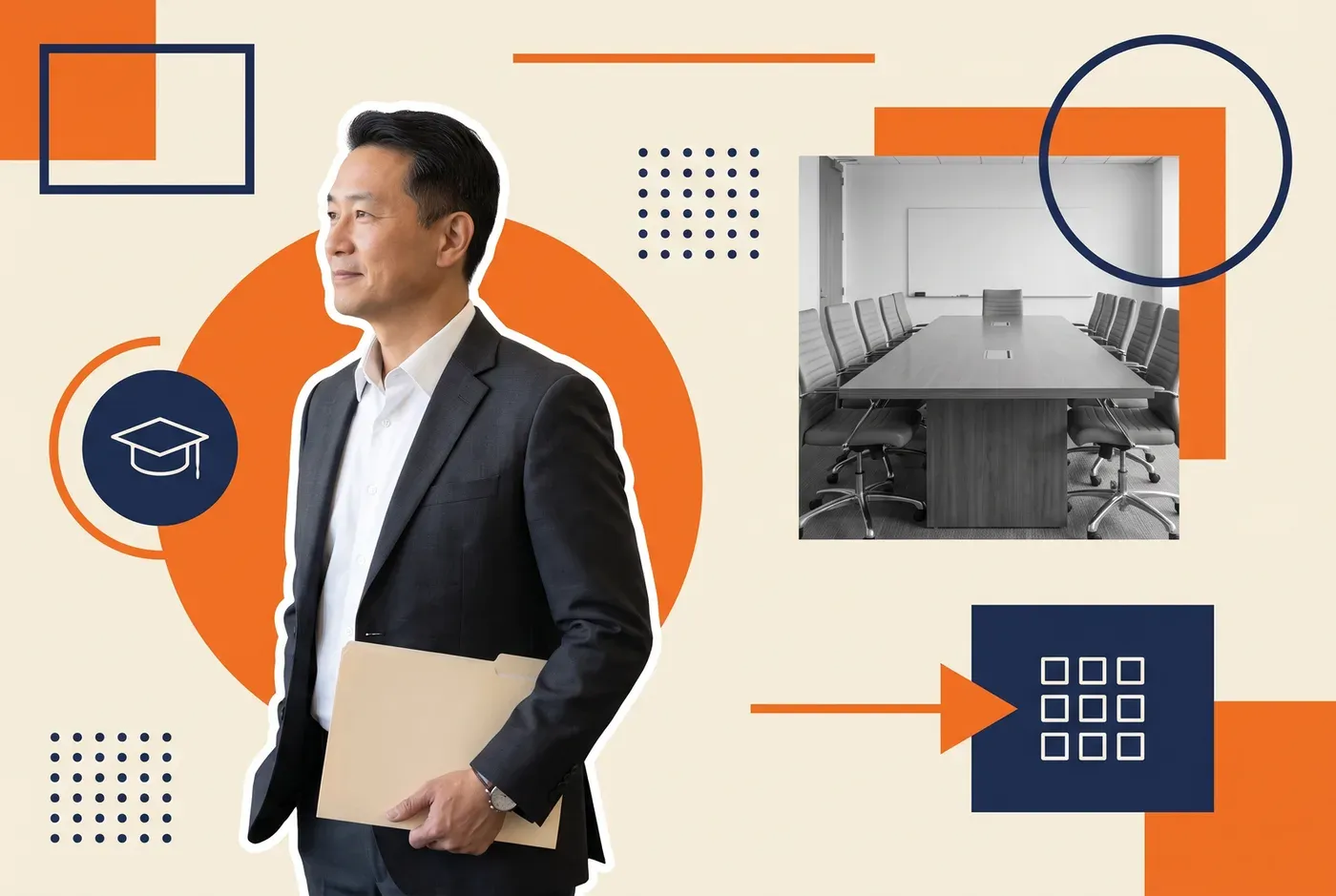 University workforce development dean holding a folder, beside a grayscale photograph of an employer meeting room