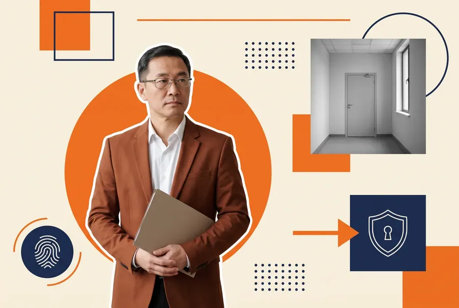A federal agency security awareness manager beside a secure office corridor, illustrating online compliance training for insider threat awareness