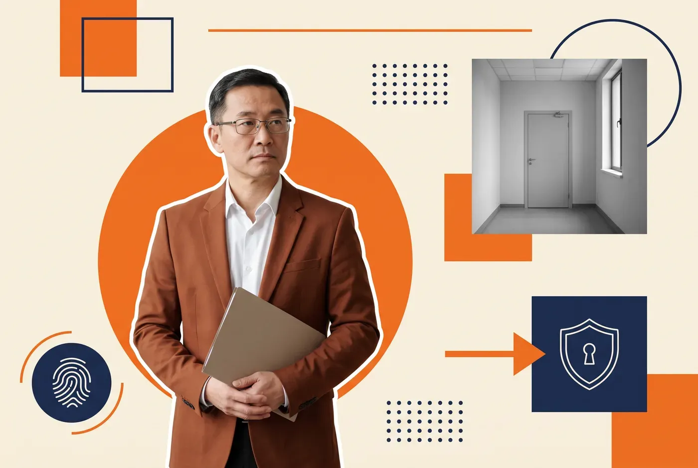 A federal agency security awareness manager beside a secure office corridor, illustrating online compliance training for insider threat awareness