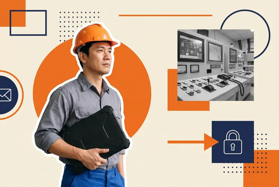 Plant engineer and IT security analyst reviewing a converged network diagram
