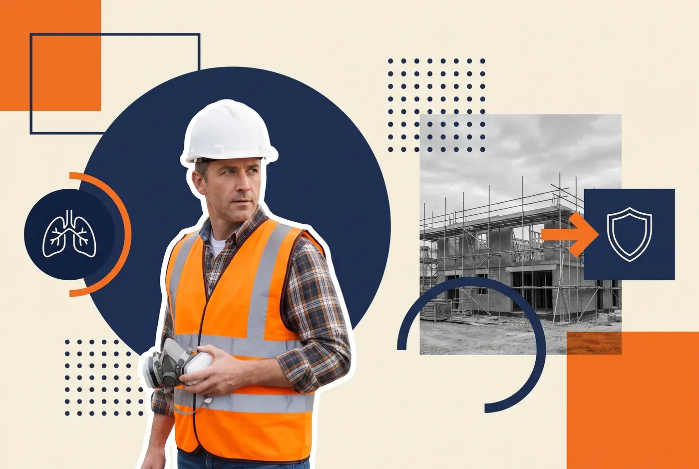 Site safety officer in an orange hi-vis vest holding a respirator beside scaffolding