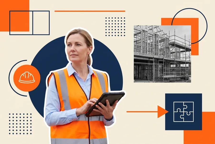 Construction technology director in an orange hi-vis vest holding a rugged tablet, beside a grayscale photograph of a steel-framed construction site
