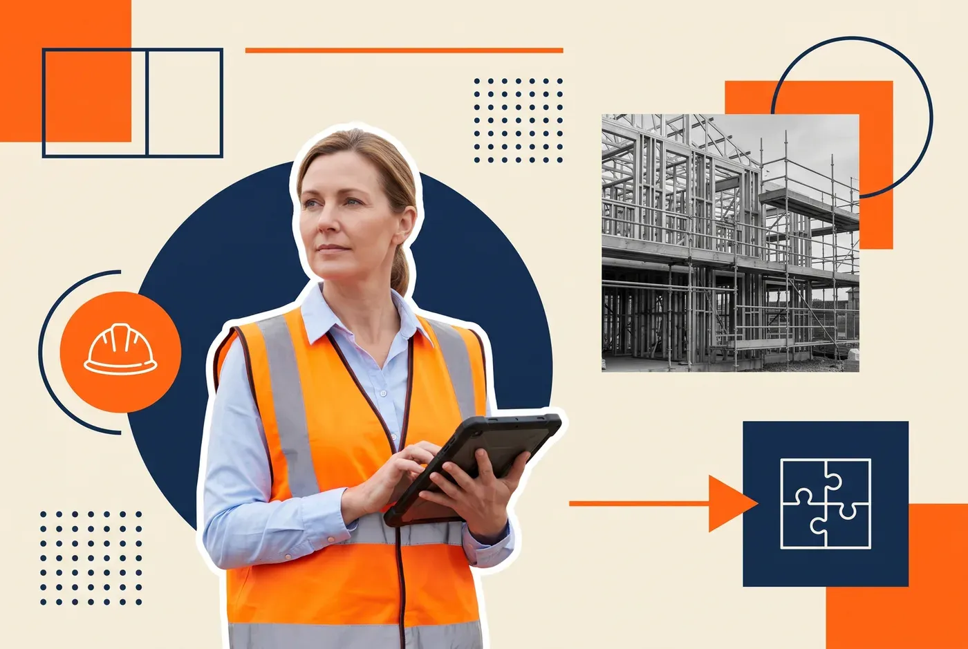 Construction technology director in an orange hi-vis vest holding a rugged tablet, beside a grayscale photograph of a steel-framed construction site