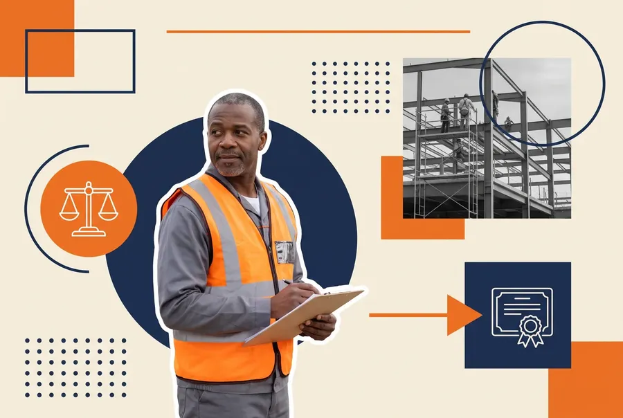 Construction compliance manager in an orange hi-vis vest holding a clipboard, beside a grayscale photograph of a steel-frame construction site