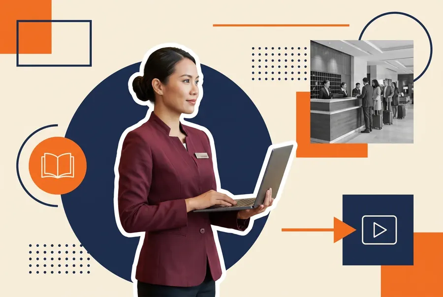 Hotel training manager building a property-specific course on a laptop
