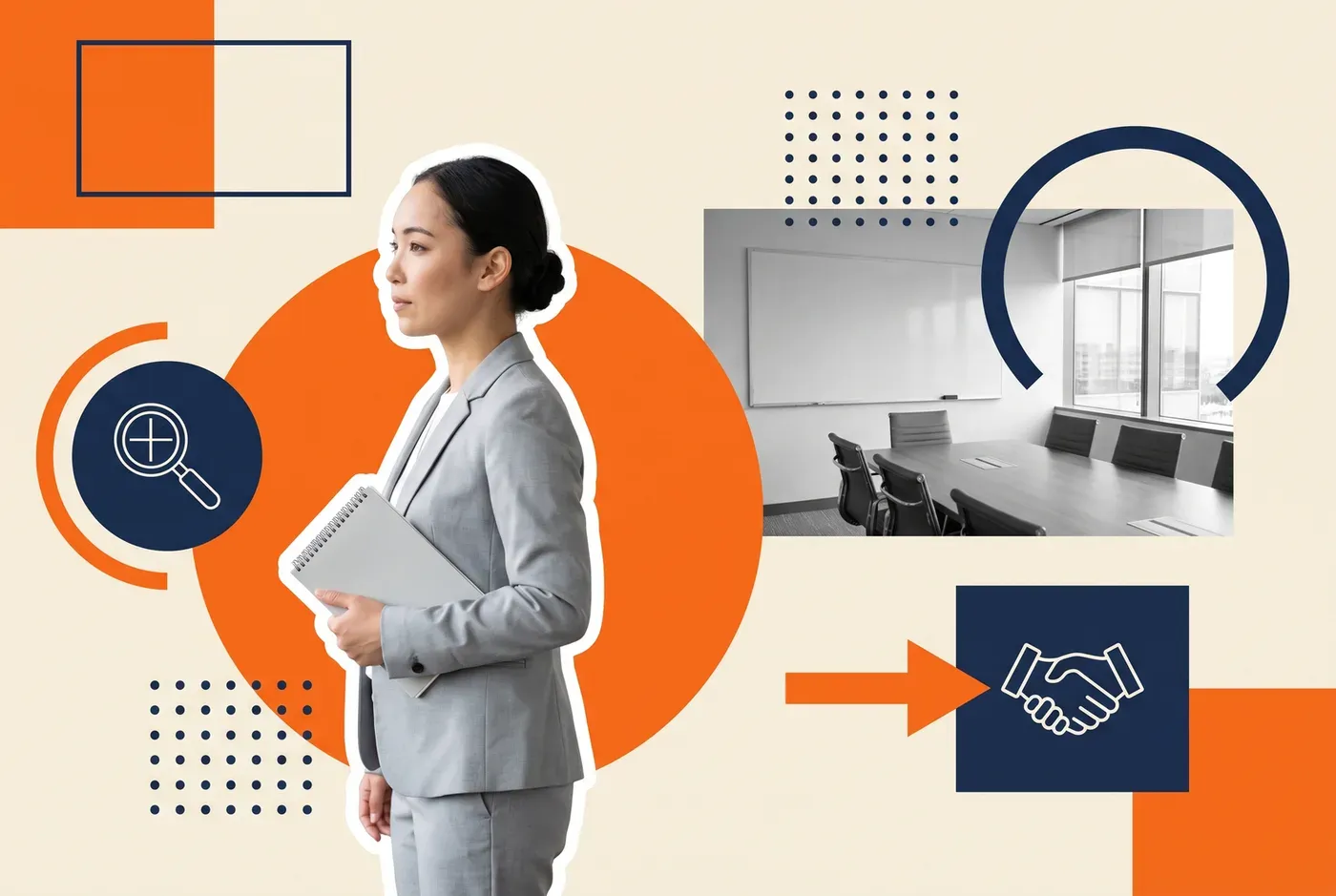 Procurement lead holding a notebook beside a conference room