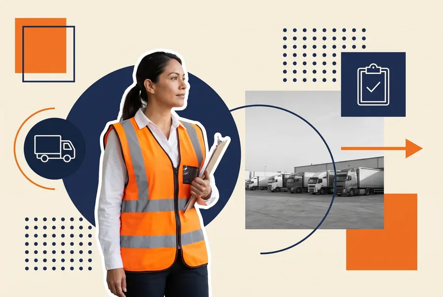 Fleet safety manager with a clipboard beside a depot of parked tractor-trailers