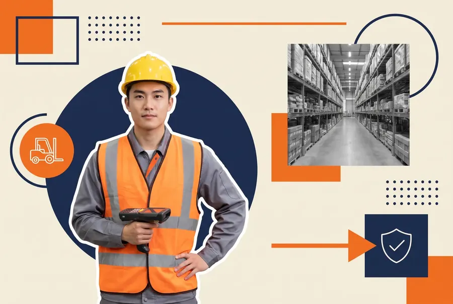 Warehouse operator in a hard hat and hi-vis vest holding a handheld scanner, beside a grayscale photograph of pallet racking
