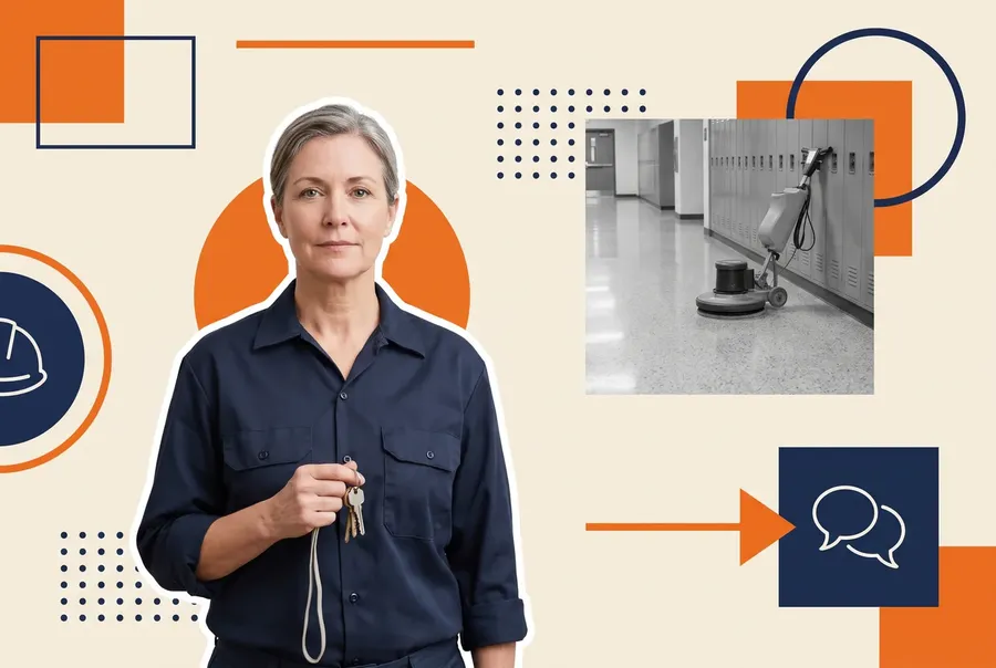 Campus facilities supervisor holding a set of keys, with a school corridor and floor polisher behind her