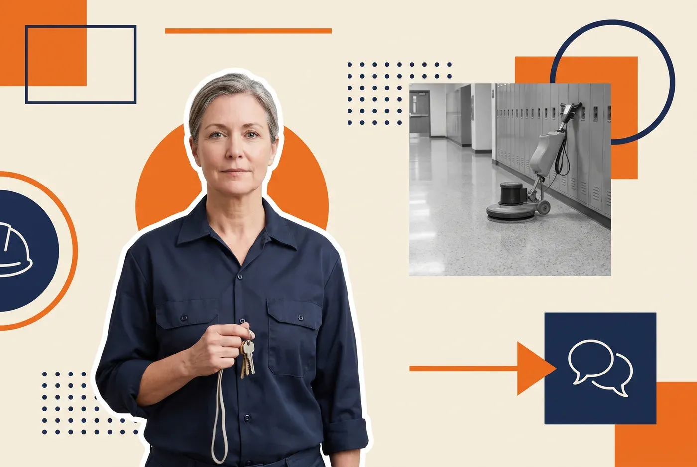 Campus facilities supervisor holding a set of keys, with a school corridor and floor polisher behind her