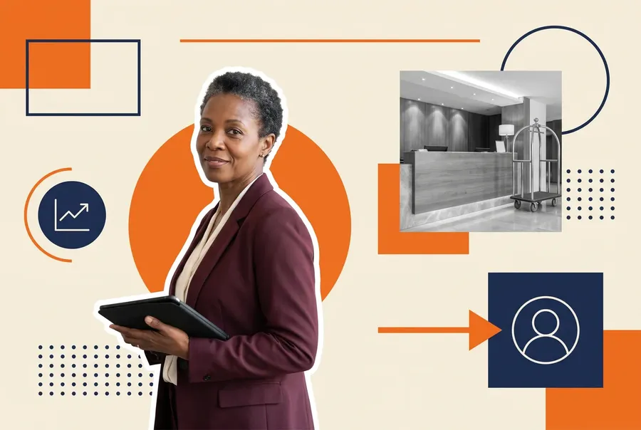 Hotel operations director holding a tablet, beside a grayscale photograph of a reception desk