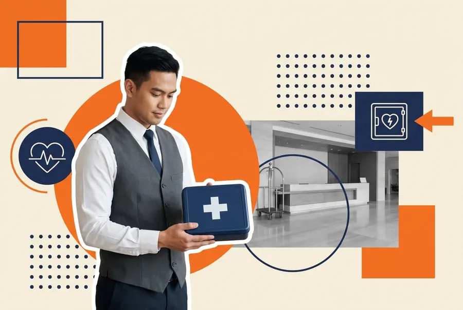 Hotel front-desk employee holding a first-aid case in a reception lobby
