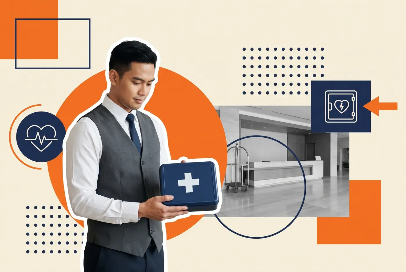 Hotel front-desk employee holding a first-aid case in a reception lobby