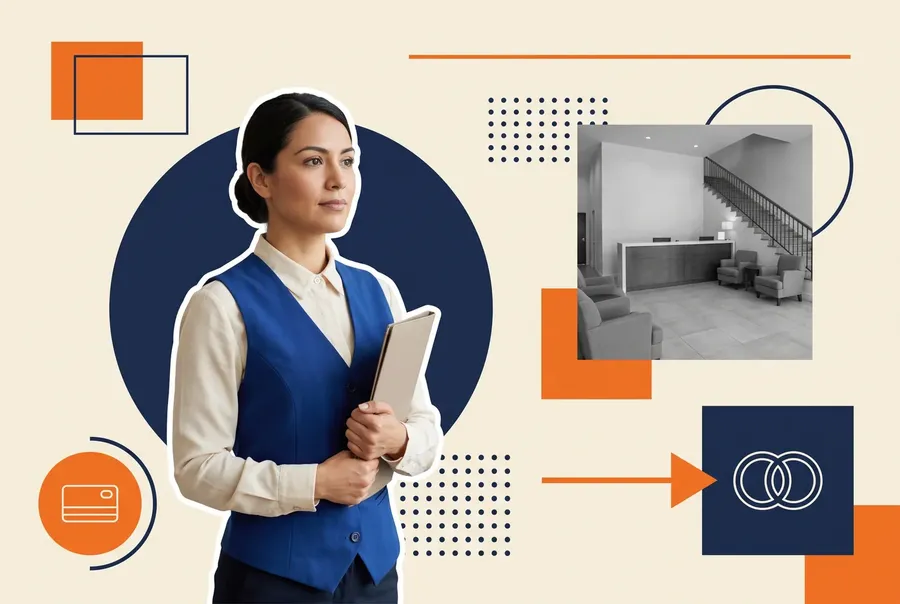 A hotel operations manager in front of a lobby reception desk, illustrating a workforce development platform connected to a property management system