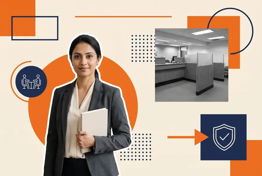 Bank branch manager holding a notebook, with an empty branch teller counter behind her