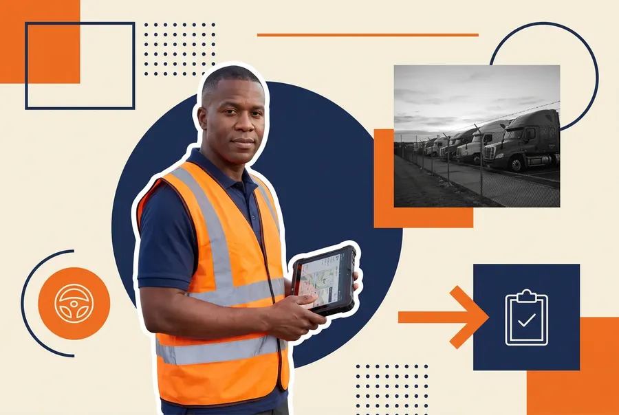 Fleet safety manager in a hi-vis vest holding a rugged tablet, with a truck yard at dawn behind him