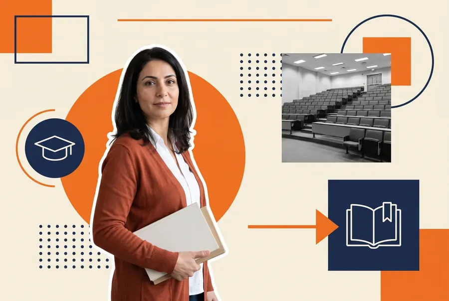 University learning and development director holding books, with a tiered lecture hall behind her
