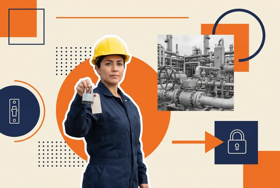 Maintenance planner in a hard hat holding a padlock and tag, with process plant pipework behind her