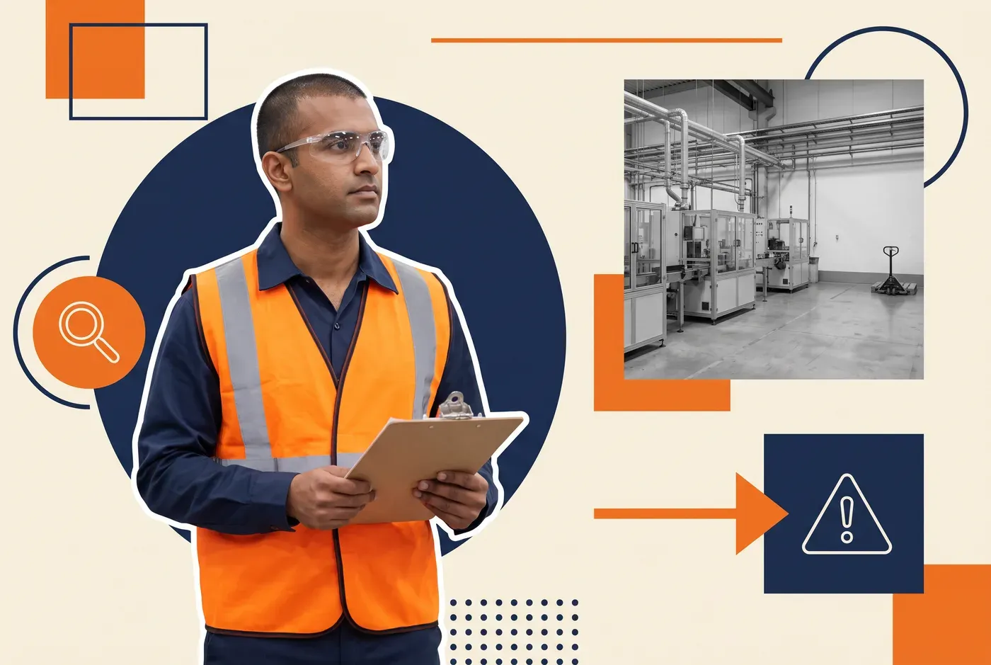 A plant safety manager with a clipboard on a factory floor, illustrating incident management software that documents a compliance record