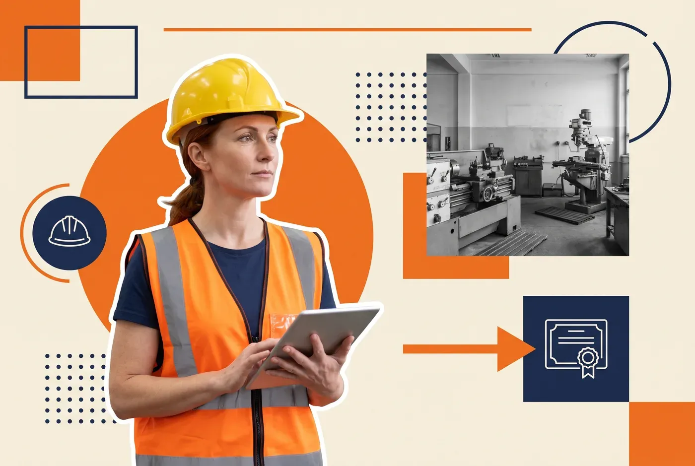 EHS manager in a hard hat and hi-vis vest reviewing competence records on a tablet