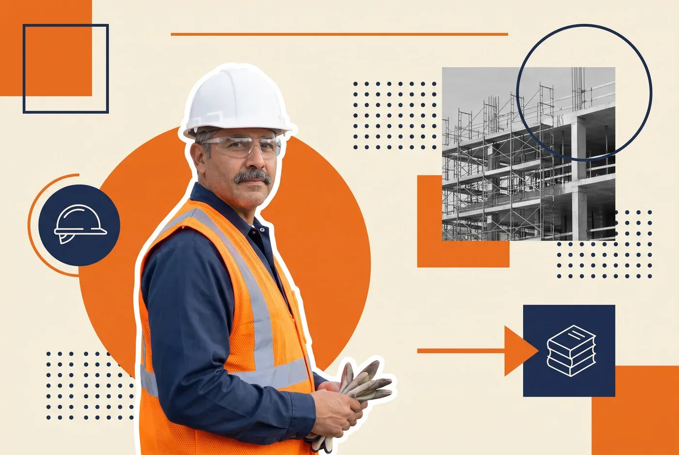 Construction supervisor in a hard hat, safety glasses and hi-vis vest holding work gloves, beside a grayscale photograph of scaffolding