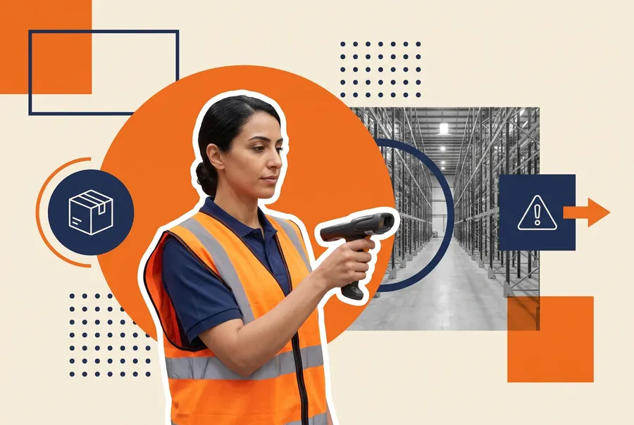 Warehouse safety trainer with a barcode scanner in a racking aisle