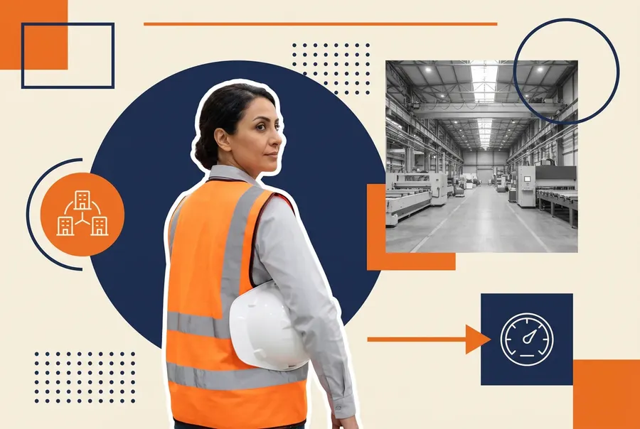 Manufacturing operations director in an orange hi-vis vest carrying a hard hat, beside a grayscale photograph of a plant floor