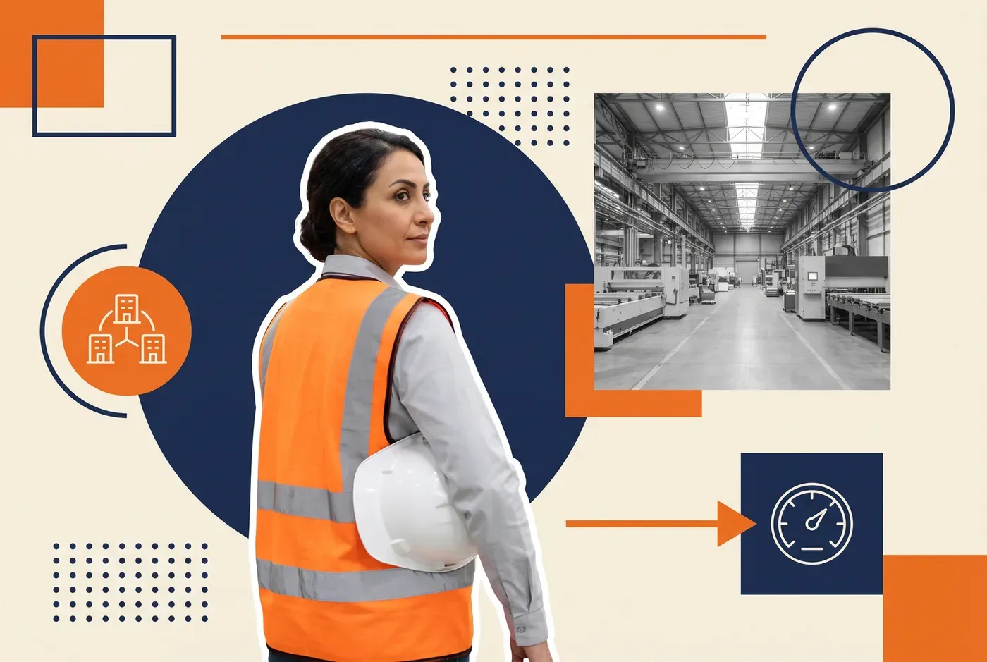 Manufacturing operations director in an orange hi-vis vest carrying a hard hat, beside a grayscale photograph of a plant floor