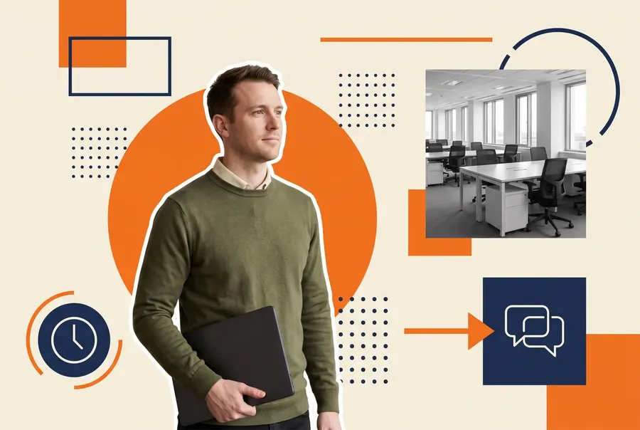 A people operations manager carrying a laptop through an open-plan office, illustrating performance management software that supports mid-year check-ins