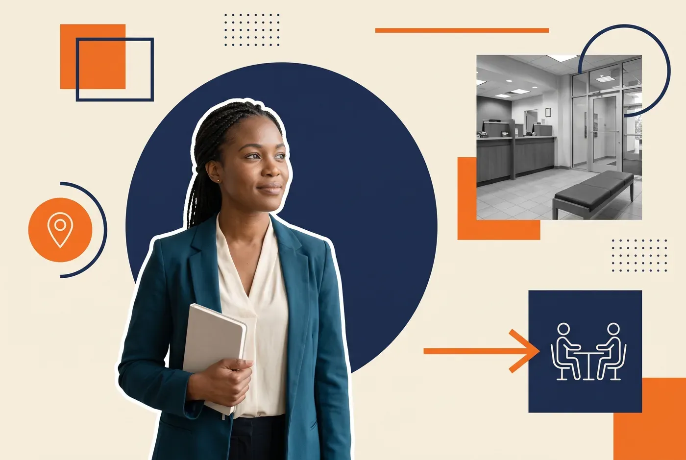 A regional bank learning manager in front of a branch interior, illustrating online compliance training delivered by branch champions