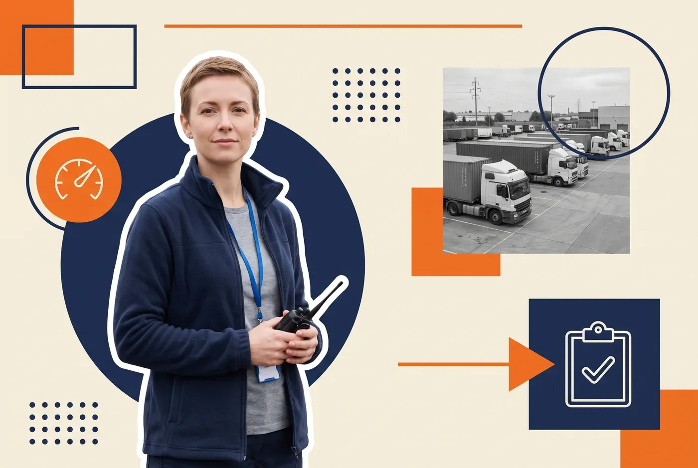 Fleet safety manager holding a two-way radio, beside a grayscale photograph of parked delivery trucks in a depot yard