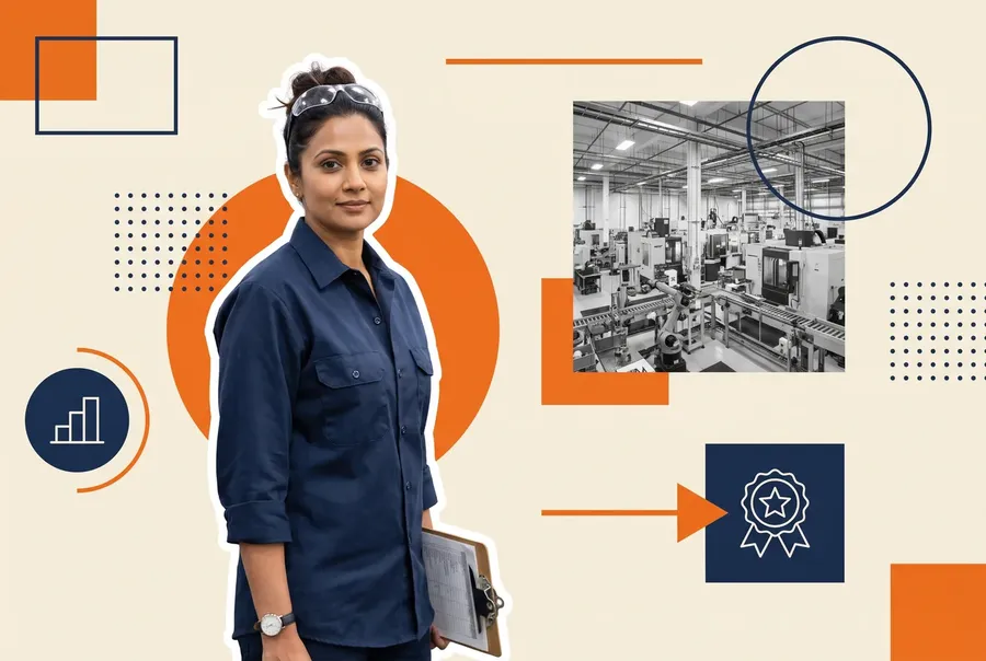 Manufacturing HR lead holding a clipboard, beside a grayscale photograph of a factory floor