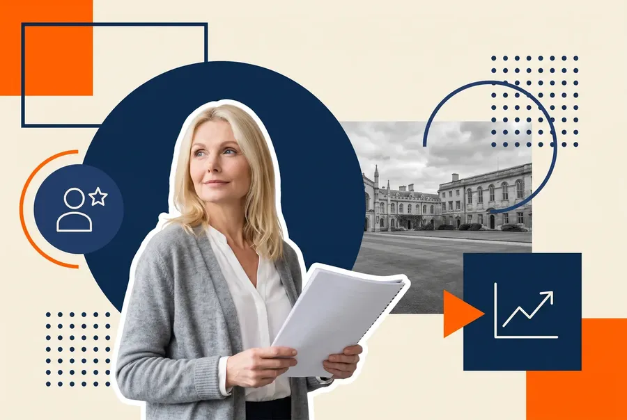 University HR business partner holding a report beside a campus quadrangle