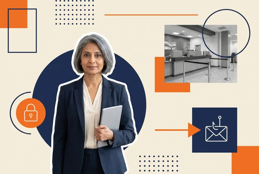 Bank employee at a workstation the moment a simulated phishing link is clicked, with the automated training assignment already queued