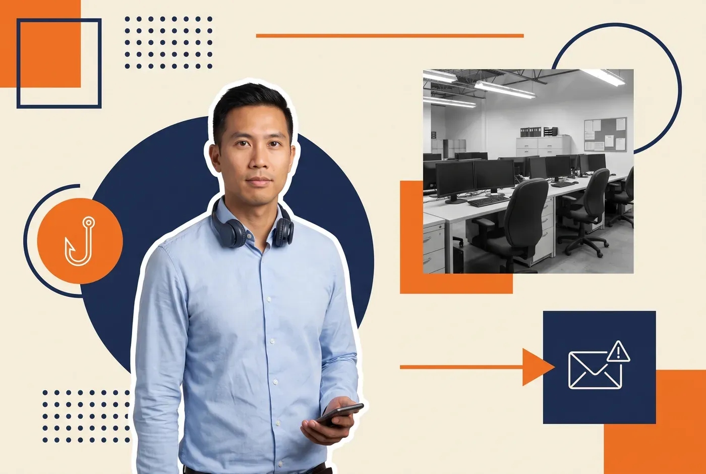 Freight brokerage operations lead wearing a headset, with a brokerage office of empty desks behind him
