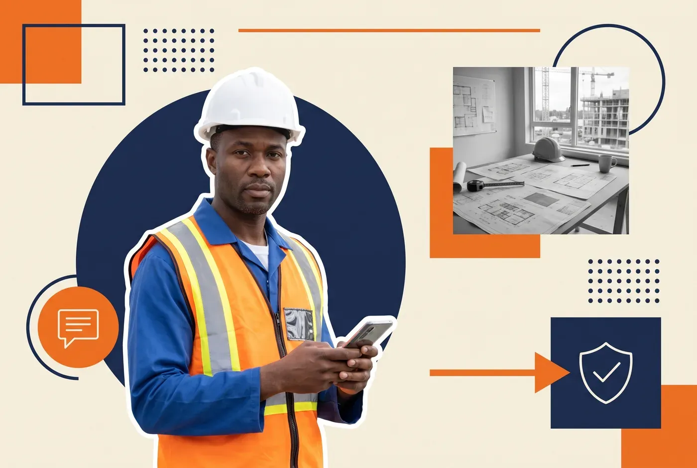 Construction crew checking messages on a phone at a site office