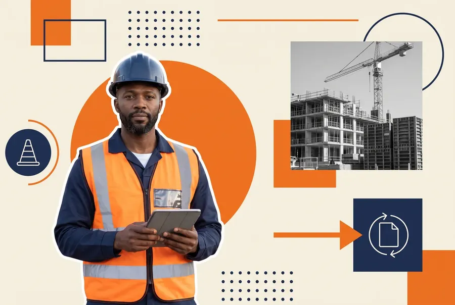 A construction site safety manager holding a tablet in front of a building under scaffolding, illustrating policy management software for site safety updates