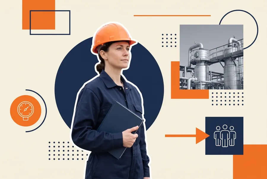 A plant process safety engineer on site beside a chemical process unit, illustrating process safety management employee participation records