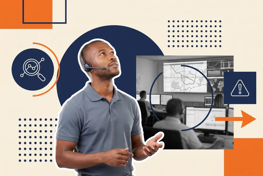 Fleet dispatcher in a headset beside a control room of route monitors
