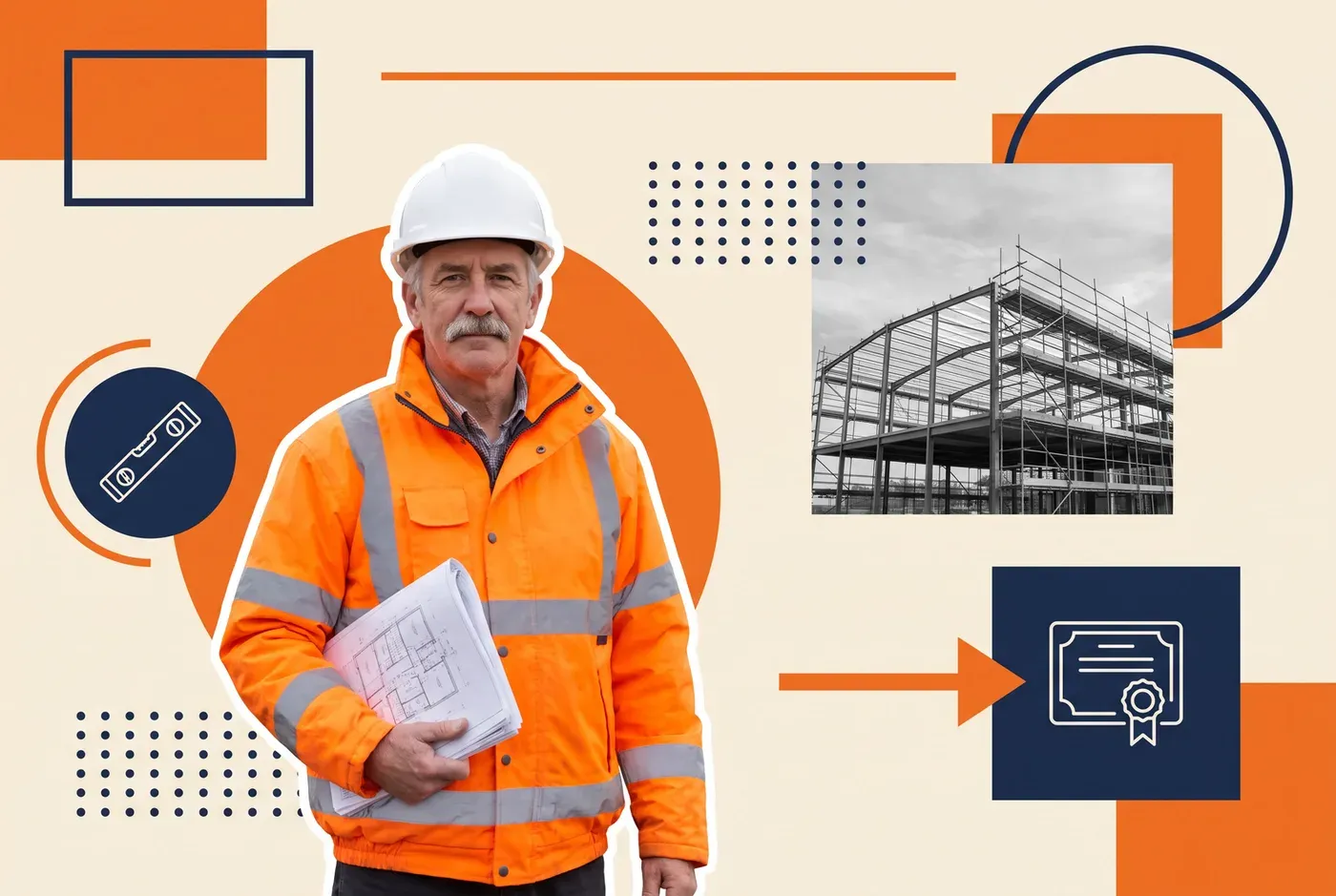 Construction superintendent in a hard hat holding drawings, with a steel frame under construction behind him