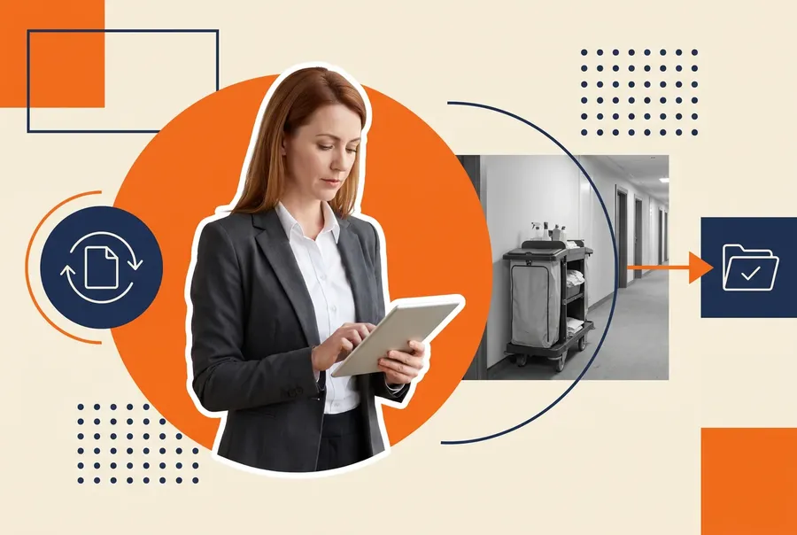 Hotel operations manager reading a tablet beside a guest corridor housekeeping cart